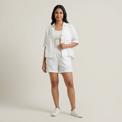 100% Pure Linen Shorts Co-ord Set for Women - White