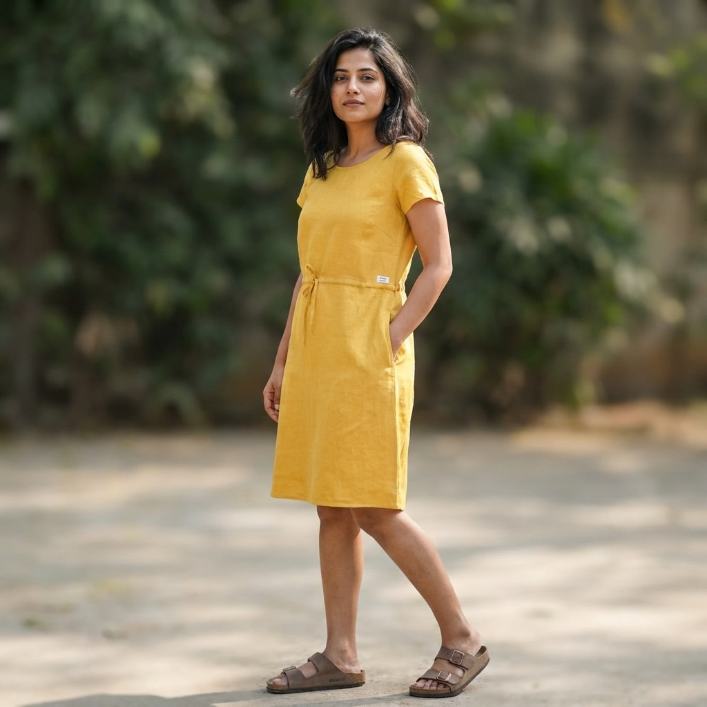 Summer Linen Dress for Women- Mustard