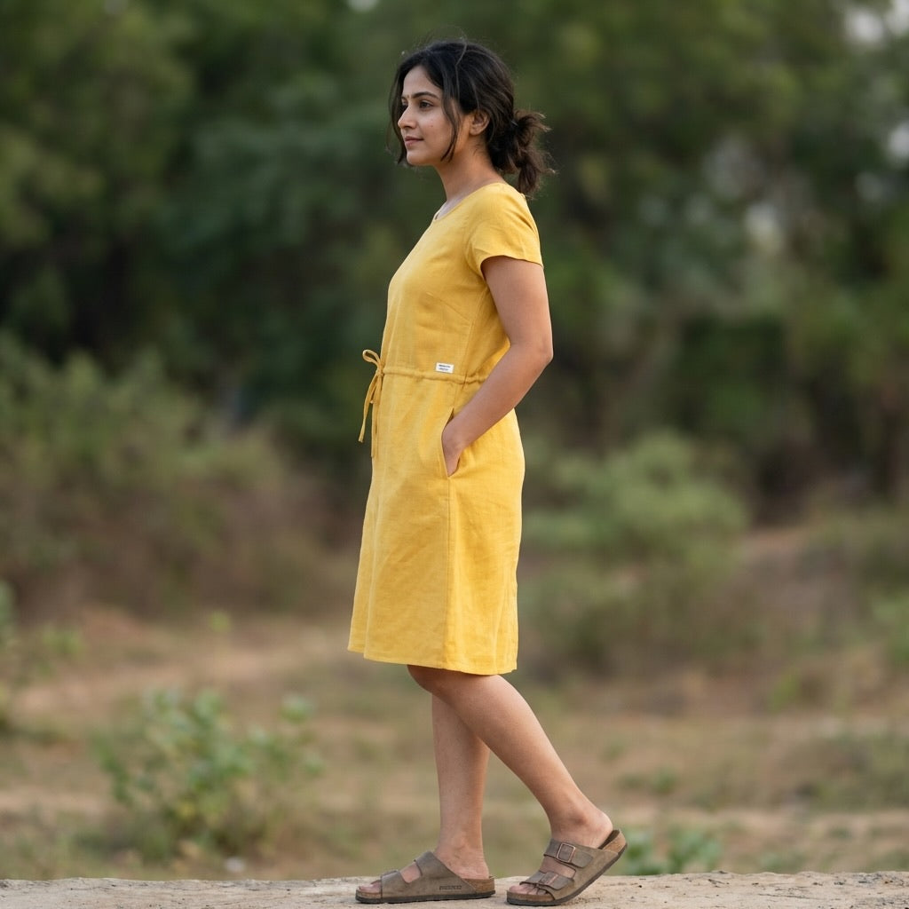 Summer Linen Dress for Women- Mustard