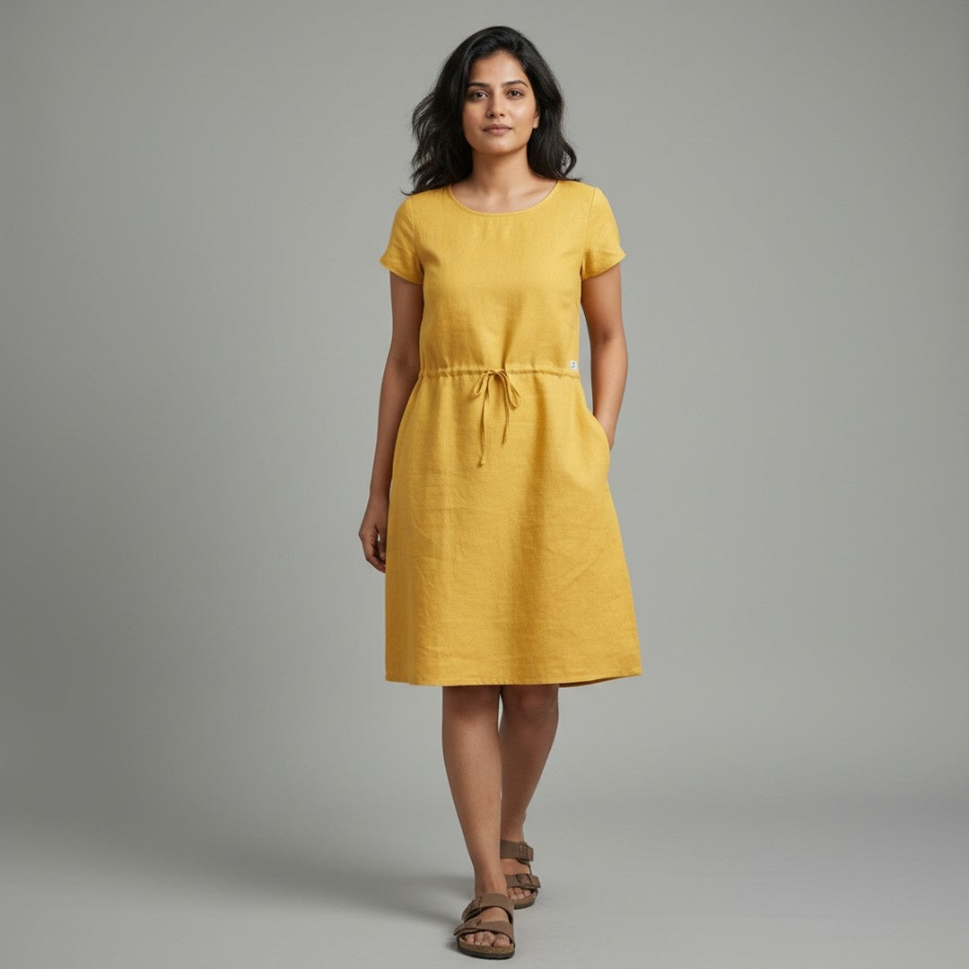 Summer Linen Dress for Women- Mustard