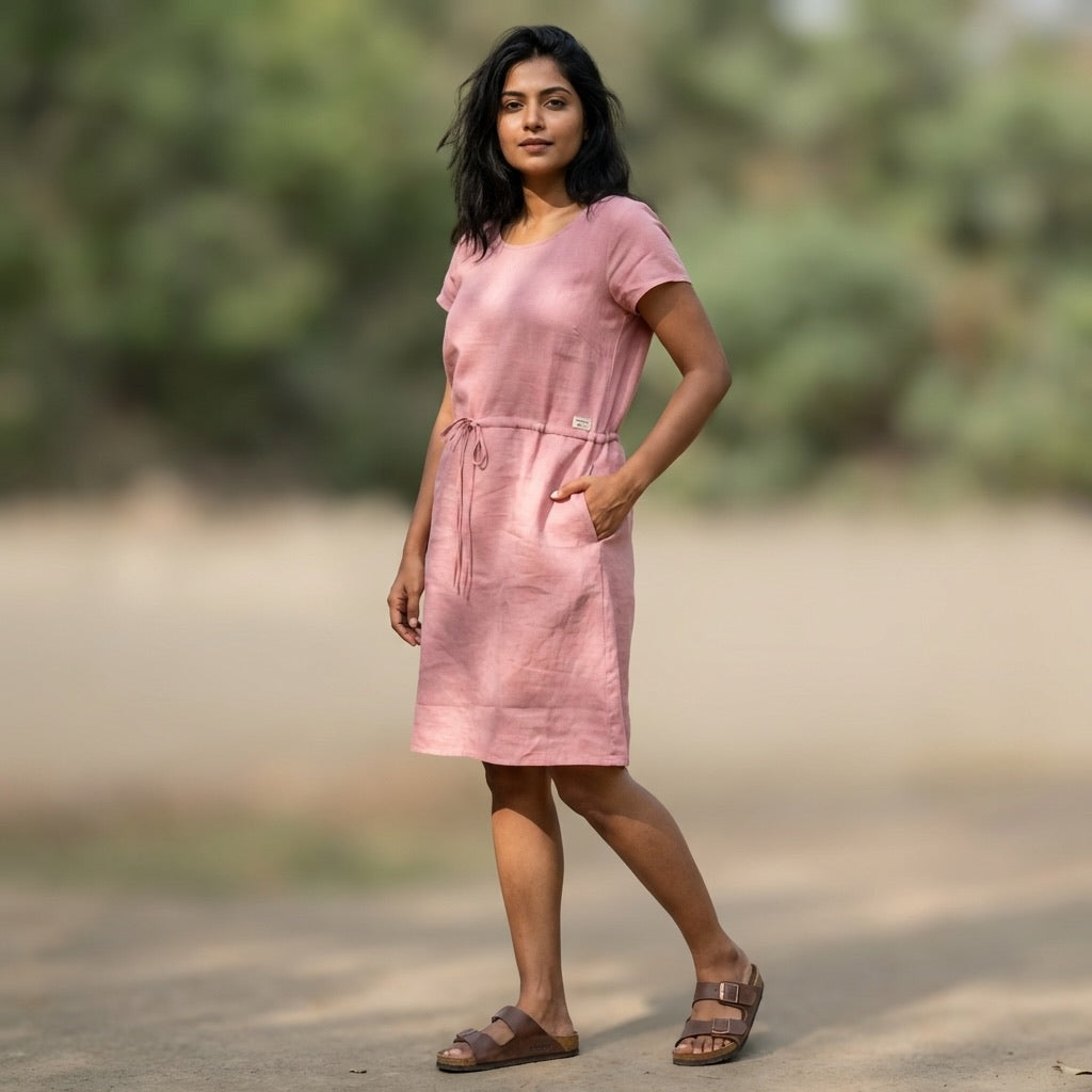 Linen Non-Transparent Summer Dress for Women- Pink
