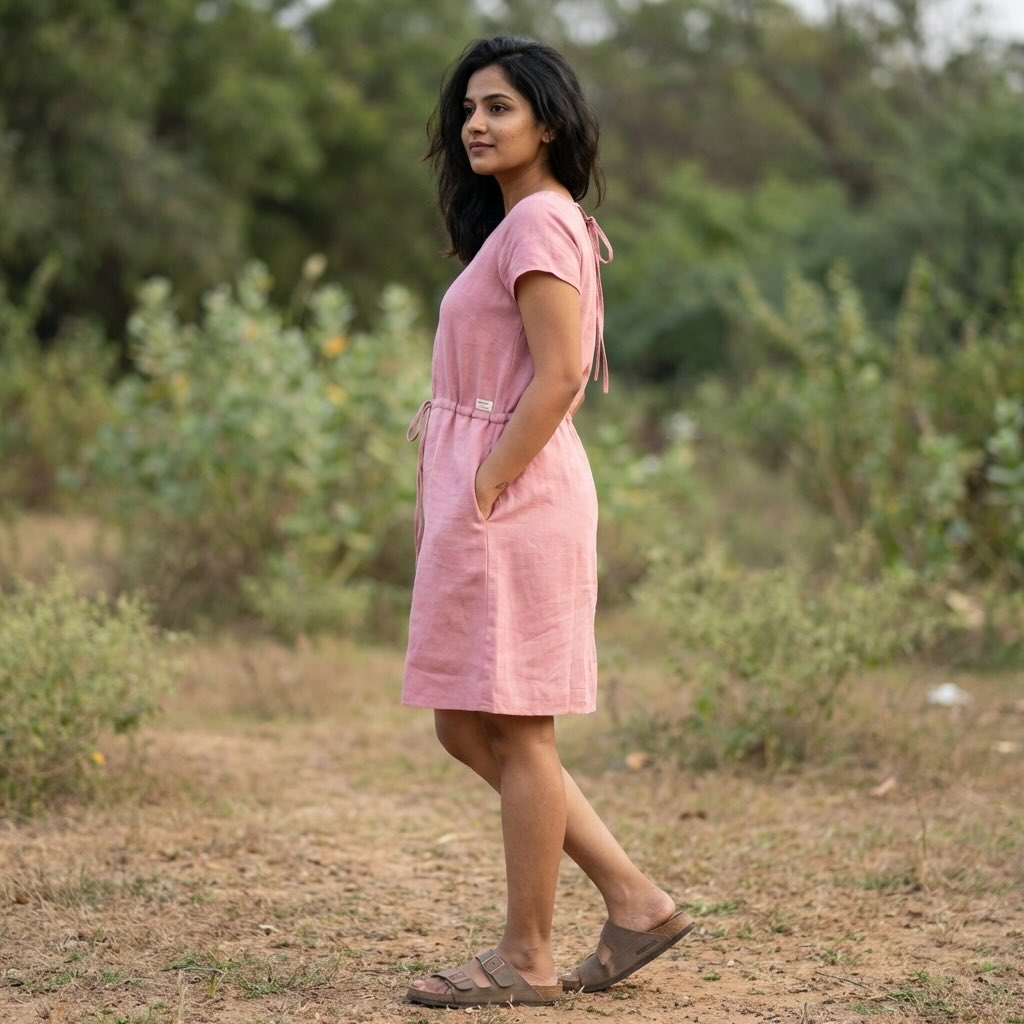 Linen Non-Transparent Summer Dress for Women- Pink