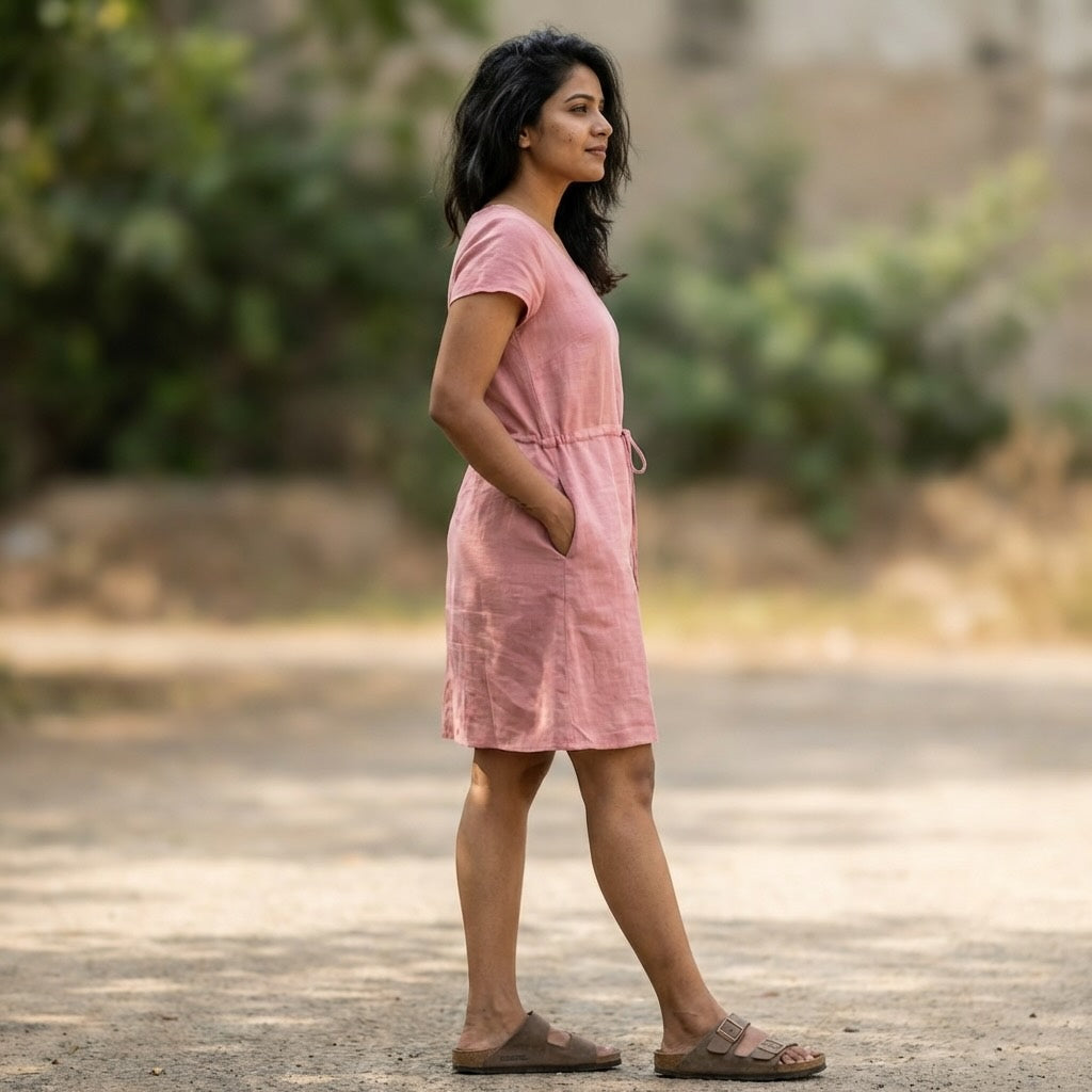 Linen Non-Transparent Summer Dress for Women- Pink