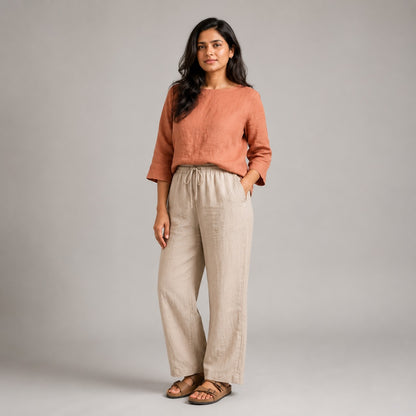 Linen Boat Neck Top for Women - Copper