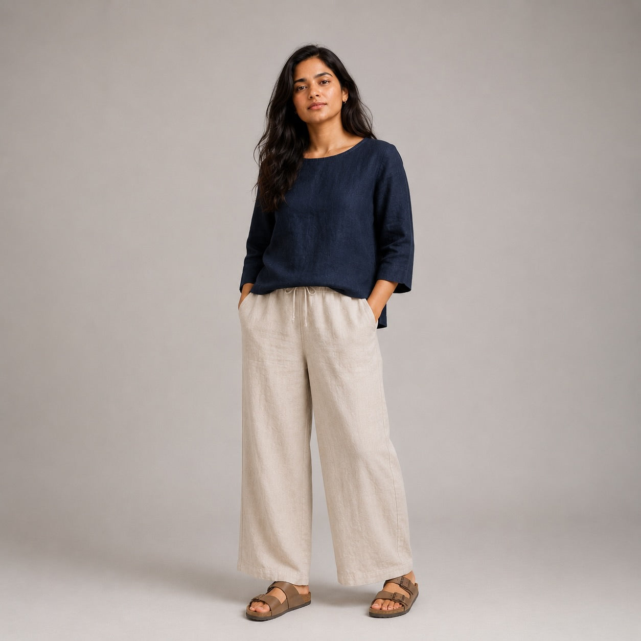 Linen Boat Neck Top for Women - Navy