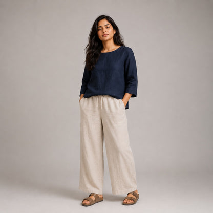Linen Boat Neck Top for Women - Navy