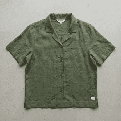 Open Collar Half Sleeve Linen Shirt - Women - Sage