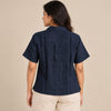 100% Pure Linen Open Collar Half Sleeve Shirt for Women - Navy