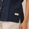 100% Pure Linen Open Collar Half Sleeve Shirt for Women - Navy