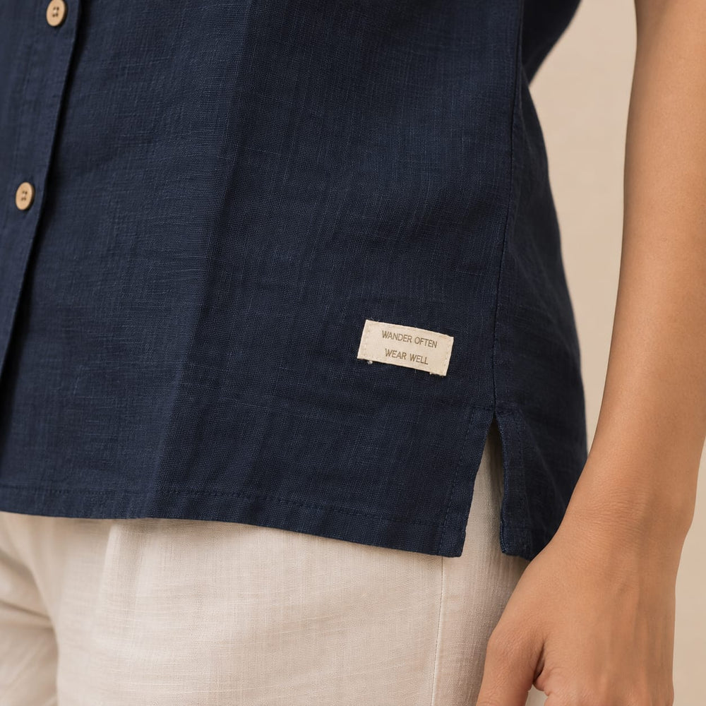 100% Pure Linen Open Collar Half Sleeve Shirt for Women - Navy