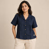 100% Pure Linen Open Collar Half Sleeve Shirt for Women - Navy