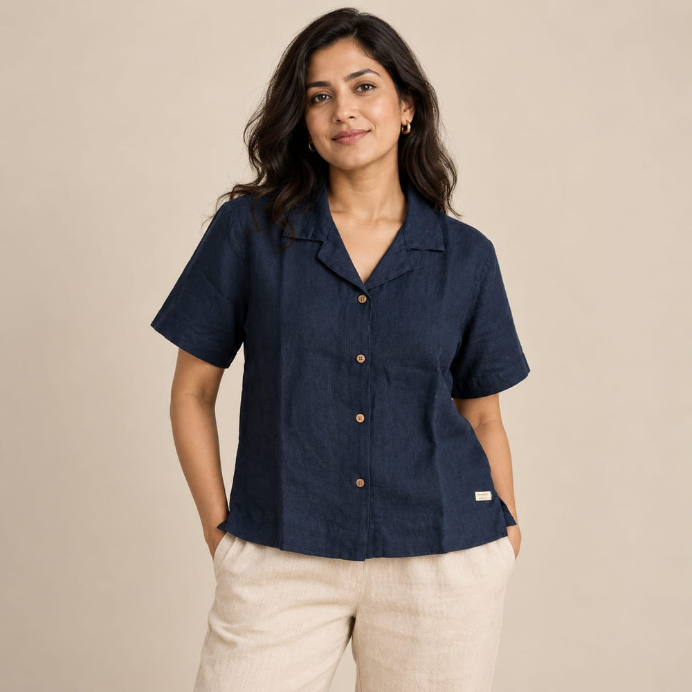 100% Pure Linen Open Collar Half Sleeve Shirt for Women - Navy
