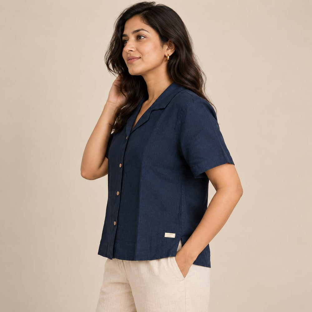 100% Pure Linen Open Collar Half Sleeve Shirt for Women - Navy