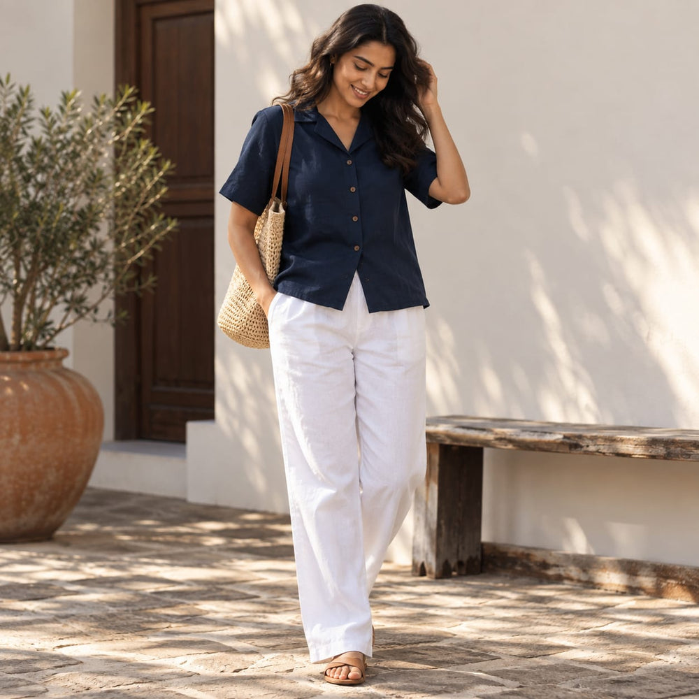 100% Pure Linen Open Collar Half Sleeve Shirt for Women - Navy