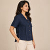 100% Pure Linen Open Collar Half Sleeve Shirt for Women - Navy