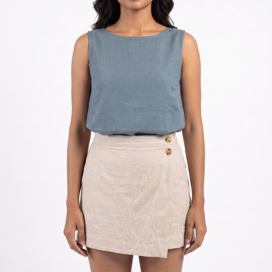 100% Pure Linen Round neck sleeveless top for Women - Dusty Blue