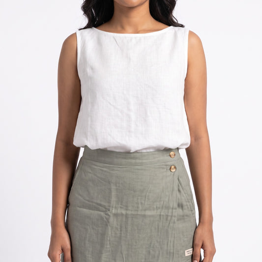 100% Pure Linen Round neck sleeveless top for Women - White