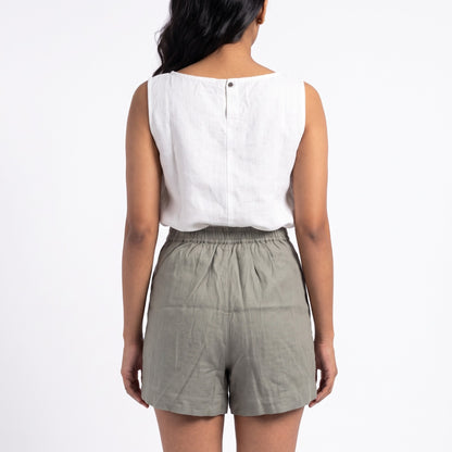 100% Pure Linen Round neck sleeveless top for Women - White