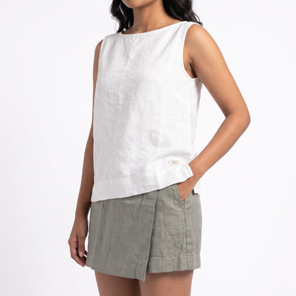 100% Pure Linen Round neck sleeveless top for Women - White