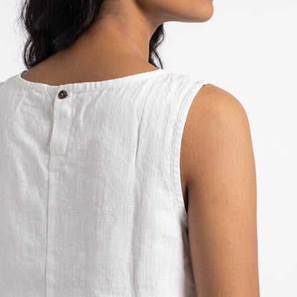 100% Pure Linen Round neck sleeveless top for Women - White