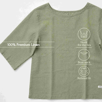 100% Pure Linen Boat Neck Top for Women - Lime Green