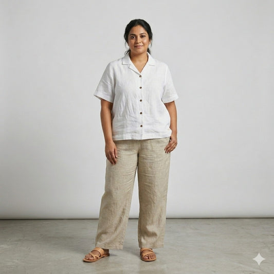 Open Collar Half Sleeve Linen Shirt - Women - White