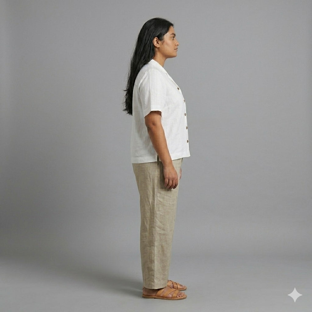 Open Collar Half Sleeve Linen Shirt - Women - White