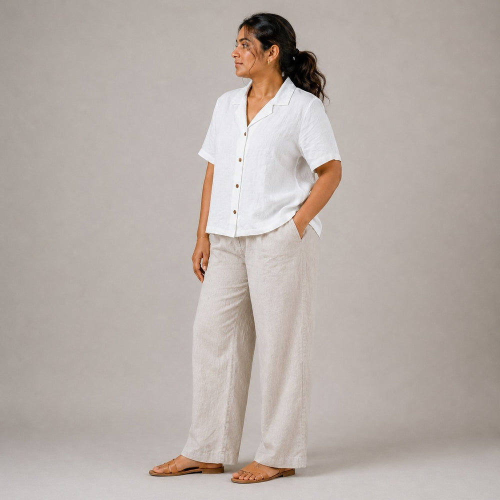 Open Collar Half Sleeve Linen Shirt - Women - White