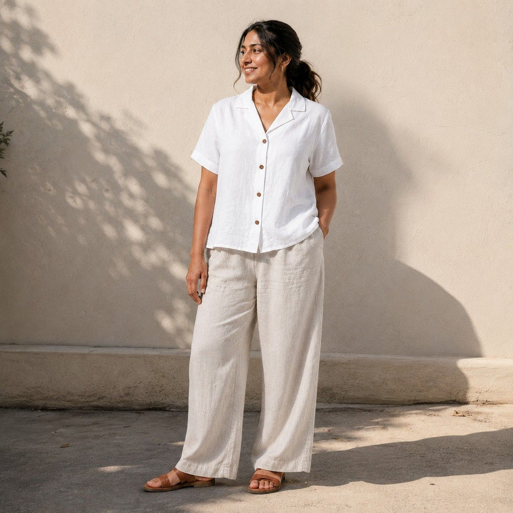 Open Collar Half Sleeve Linen Shirt - Women - White