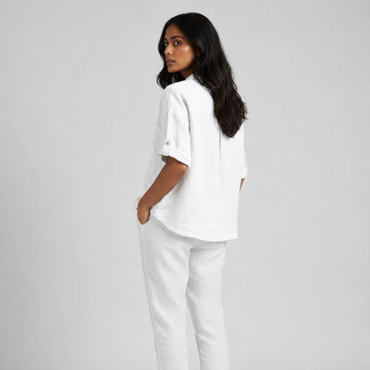 Oversized Boxy Crop Linen Shirt for Women- White