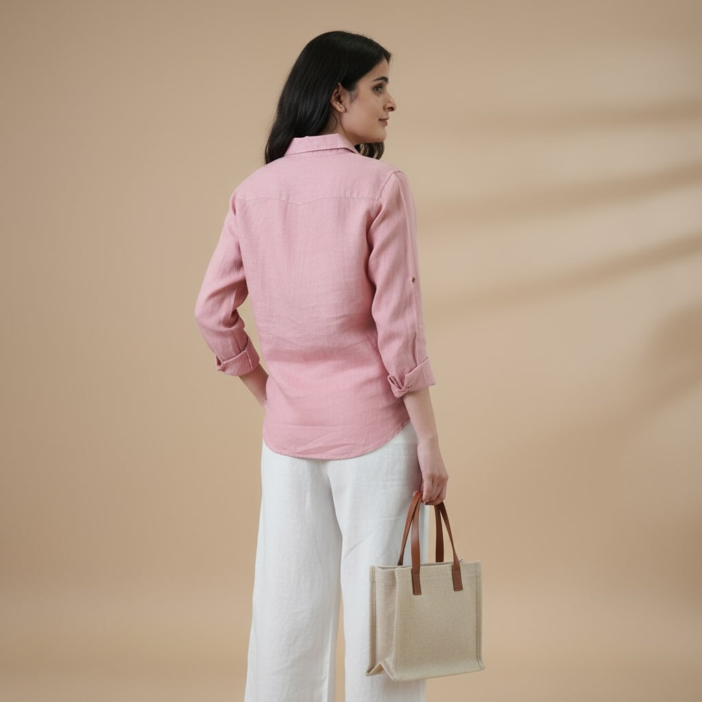 Full-sleeved Regular Shirt - 100% Premium Linen - Women - Rose