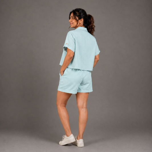Linen Shorts Co-ord Set for Women-Sky Blue
