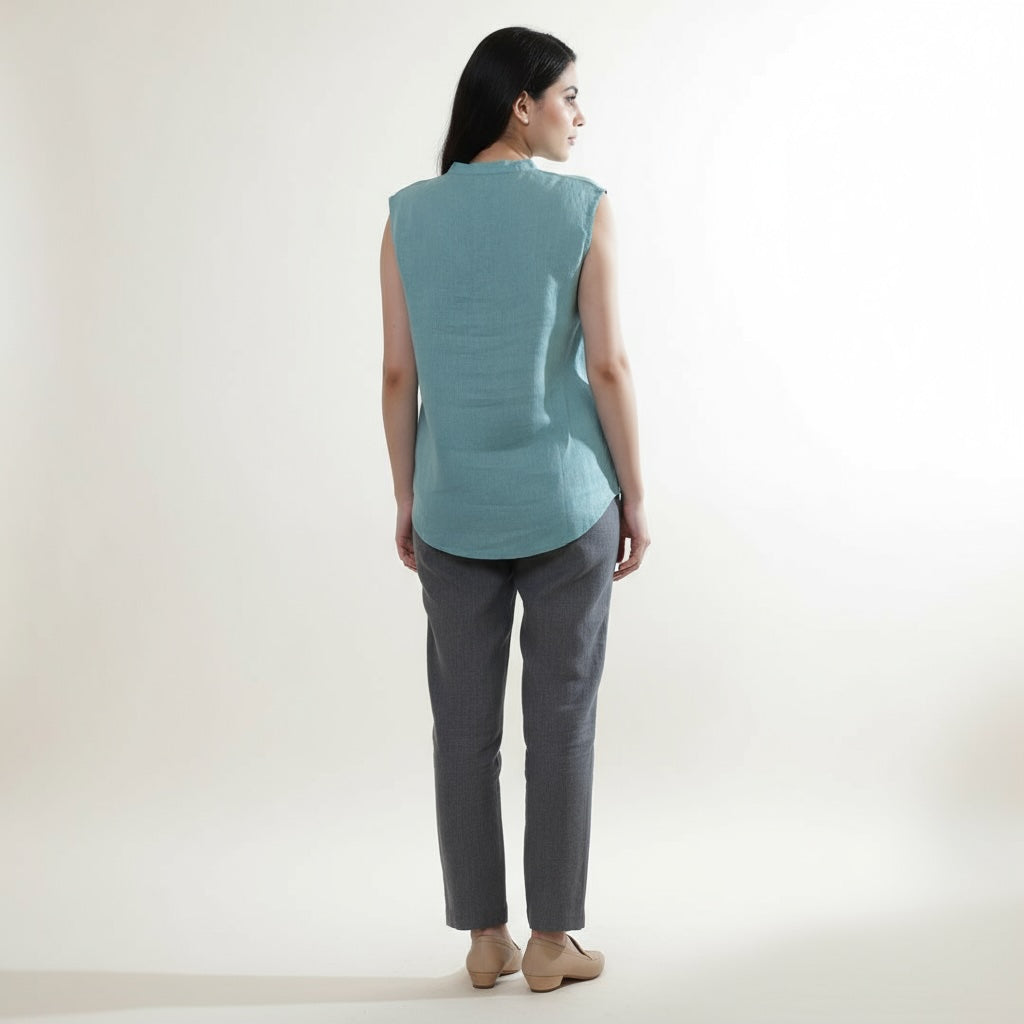 Mandarin Collared Top - 100% Linen - Women - Muted Sage
