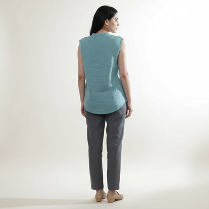Mandarin Collared Top - 100% Linen - Women - Muted Sage
