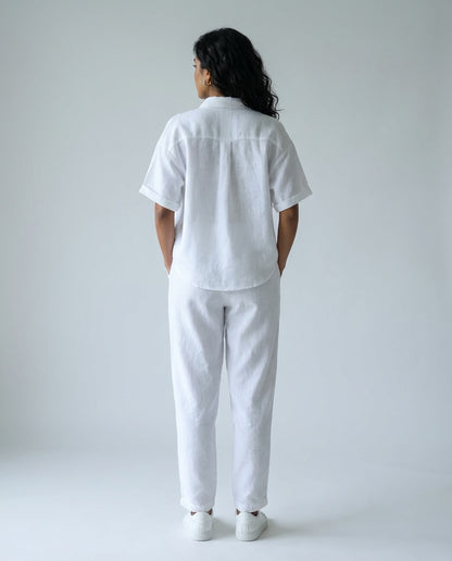 Crop shirt and Relaxed fit Pant Co-ord Set - Women- 100% Premium Linen - White