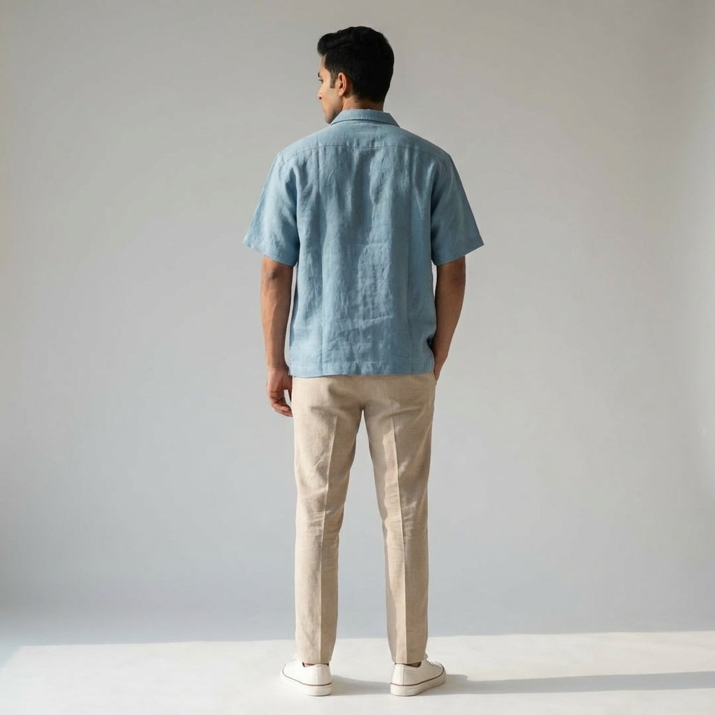 Resort Collar Short Sleeve Shirt - 100% Premium Linen - Men - Aquamarine Blue