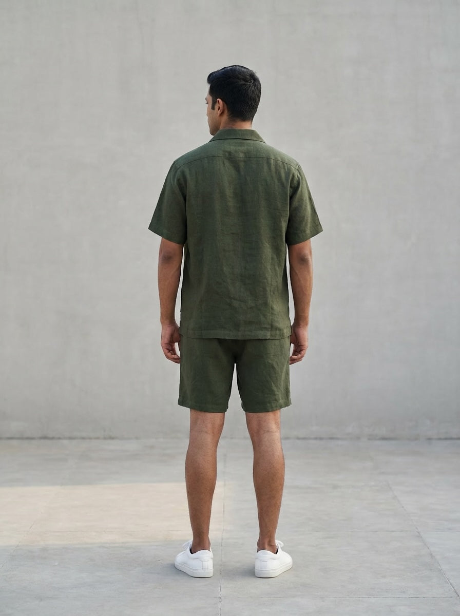 Resort collar Shirt and Shorts Co-ords - Men- 100% Premium Linen - Olive