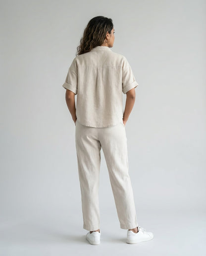Crop shirt and Relaxed fit Pant Co-ord Set - Women- 100% Premium Linen - Beige