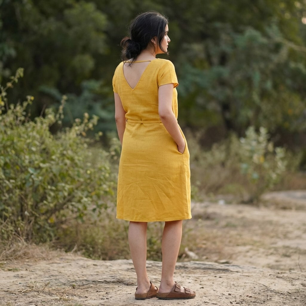 Summer dress - 100% Linen Non Transparent - Women - Mustard