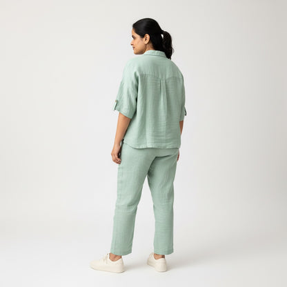 Oversized Boxy Crop Linen Shirt for Women- Sage