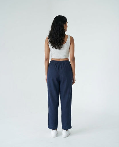 Relaxed fit Pants- 100% Premium Linen - Women - Navy