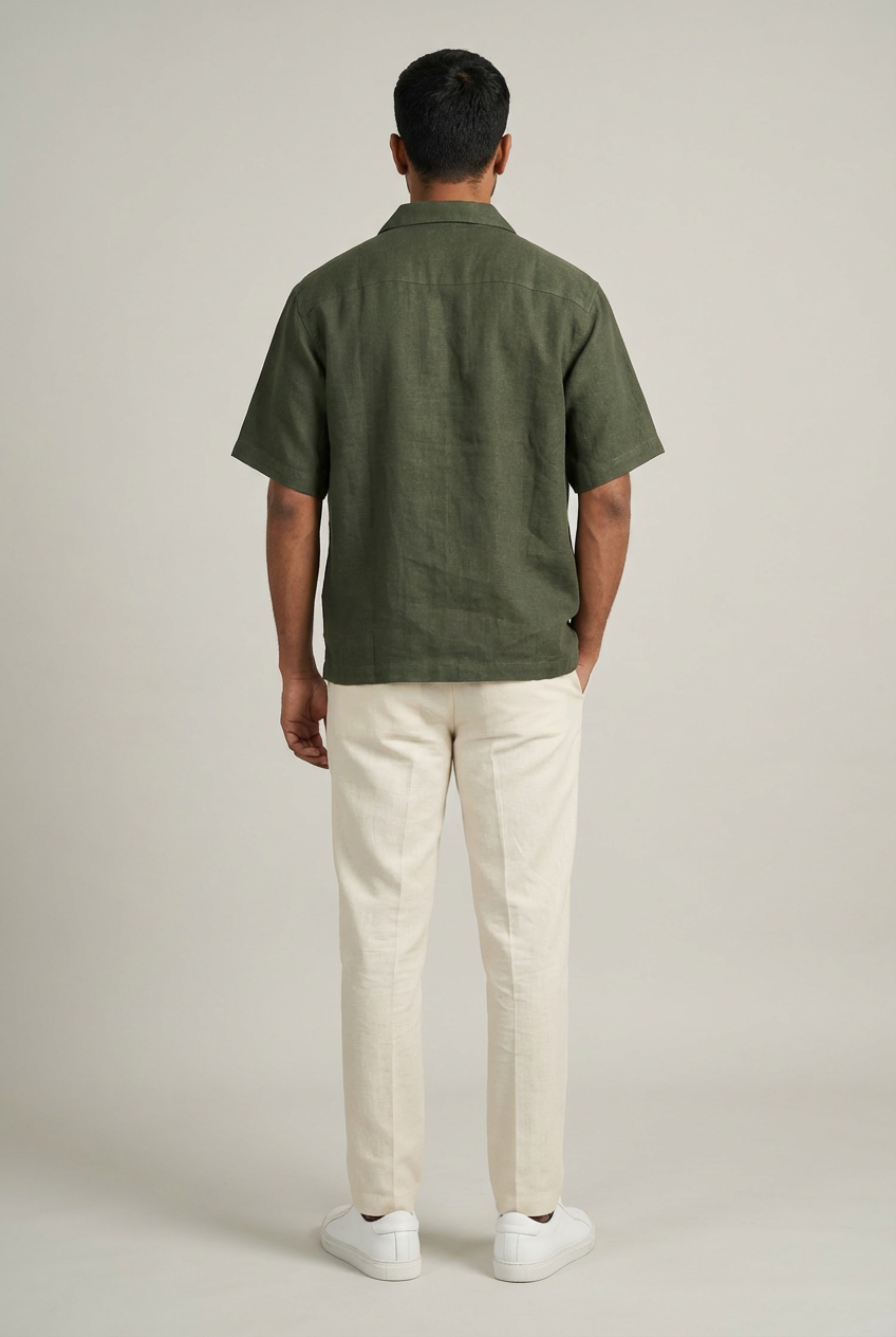 Resort Collar Short Sleeve Shirt - 100% Premium Linen - Men - Olive