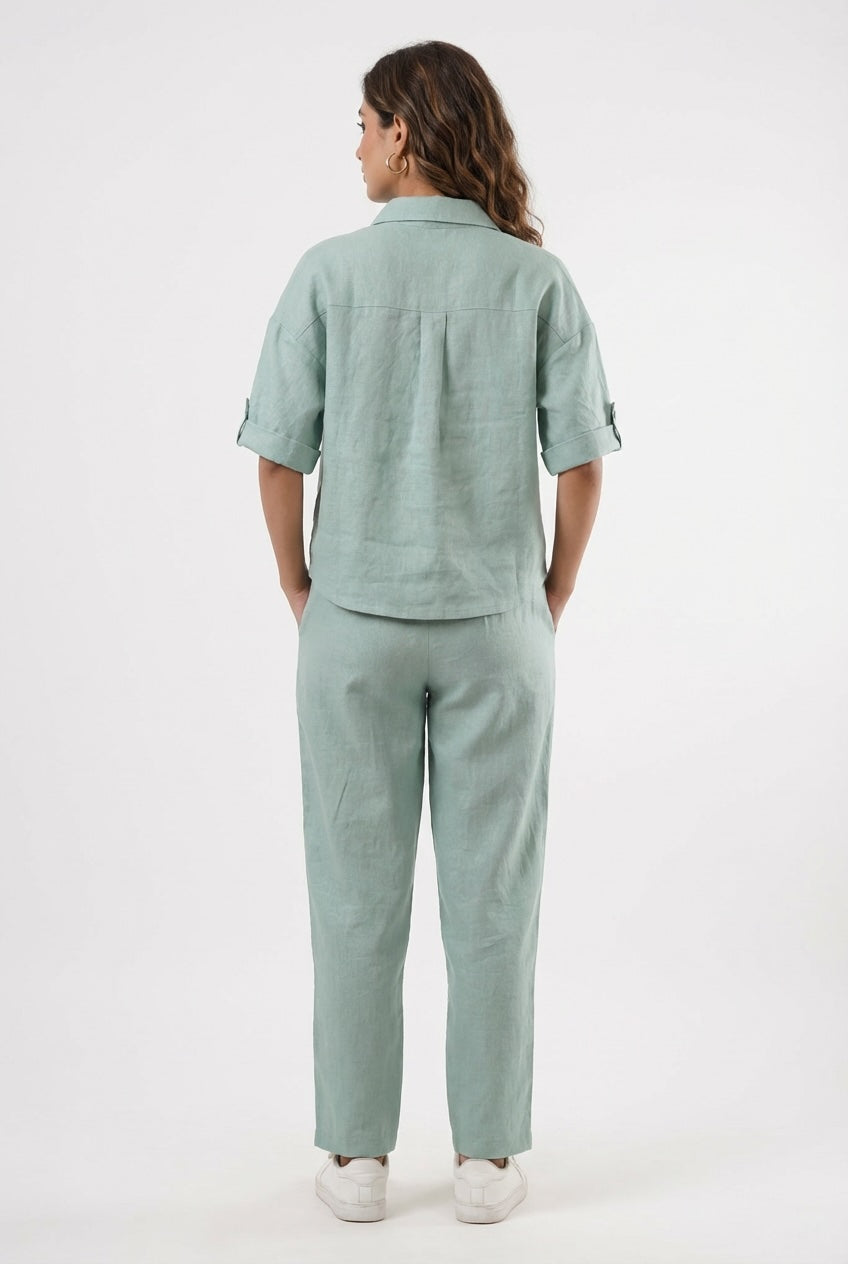 Crop shirt and Relaxed fit Pant Co-ord Set - Women- 100% Premium Linen - Sage