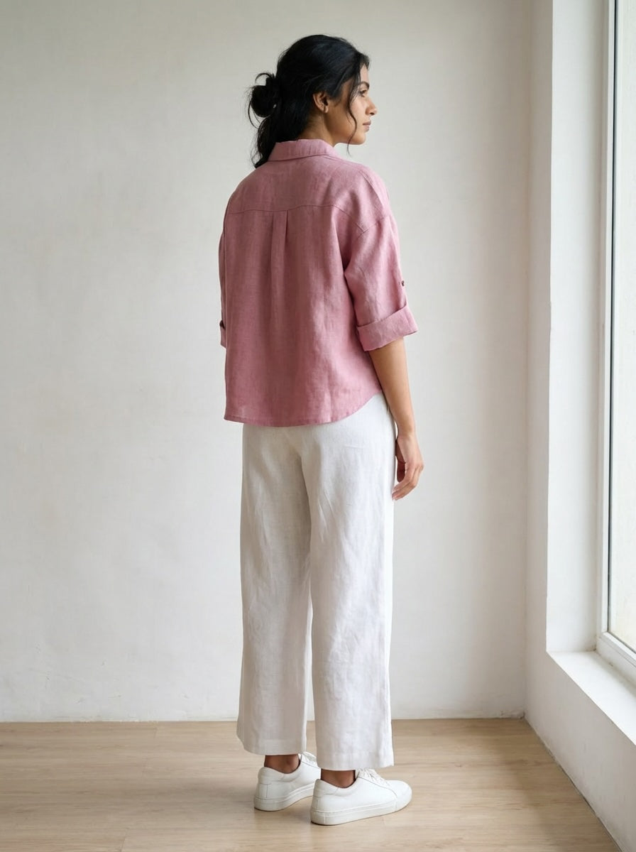 Oversize Boxy Crop Shirt - Women- 100% Premium Linen - Rose