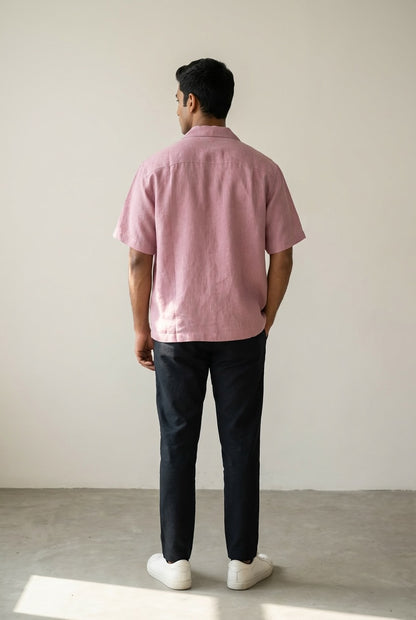 Resort Collar Short Sleeve Shirt - 100% Premium Linen - Men - Rose