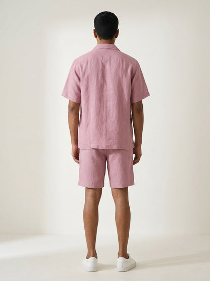 Resort collar Shirt and Shorts Co-ords - Men- 100% Premium Linen - Rose