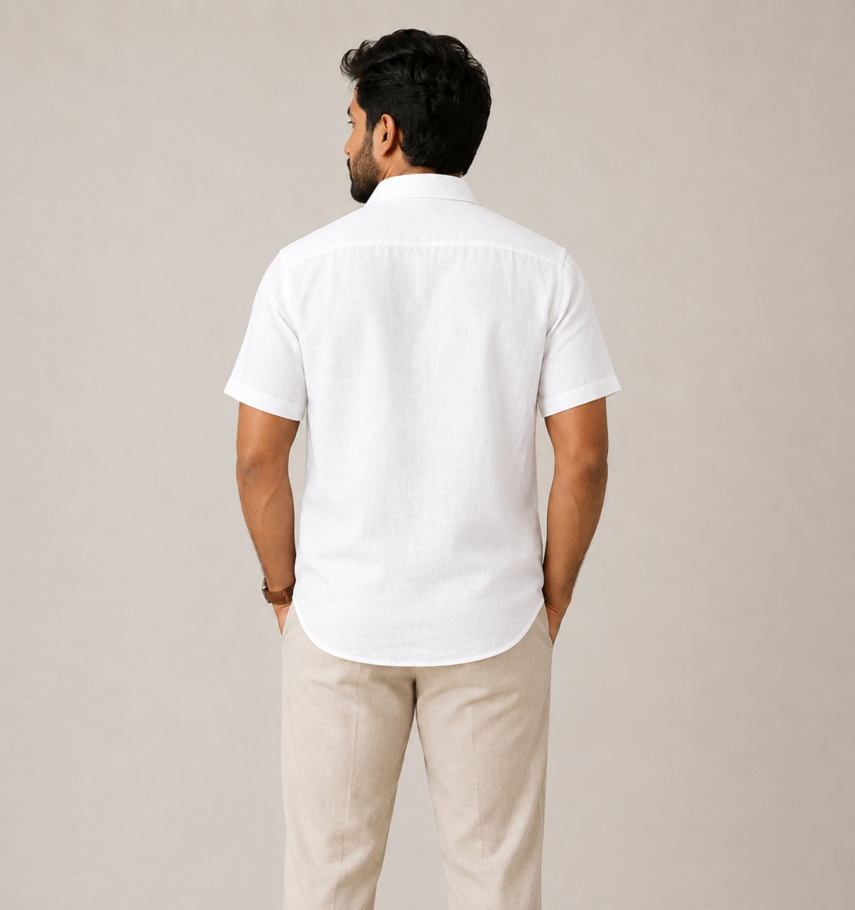Linen Half-Sleeve Regular Collar Shirt for Men- White