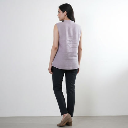 Mandarin Collared Top - 100% Linen - Women - Lavender
