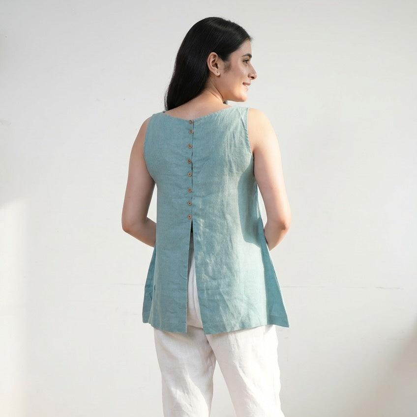 Linen Asymmetrical Top for Women- Muted Sage