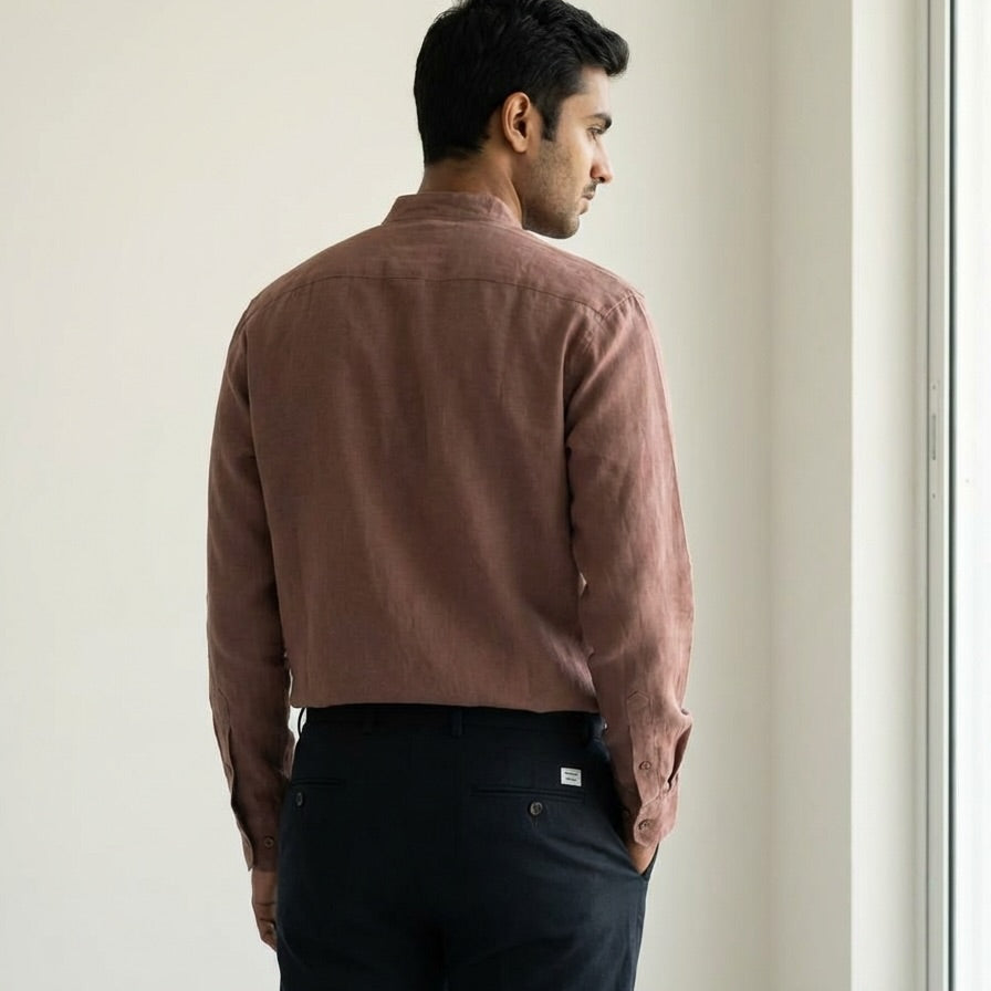 Linen Chinese Collar Shirt for Men- Copper